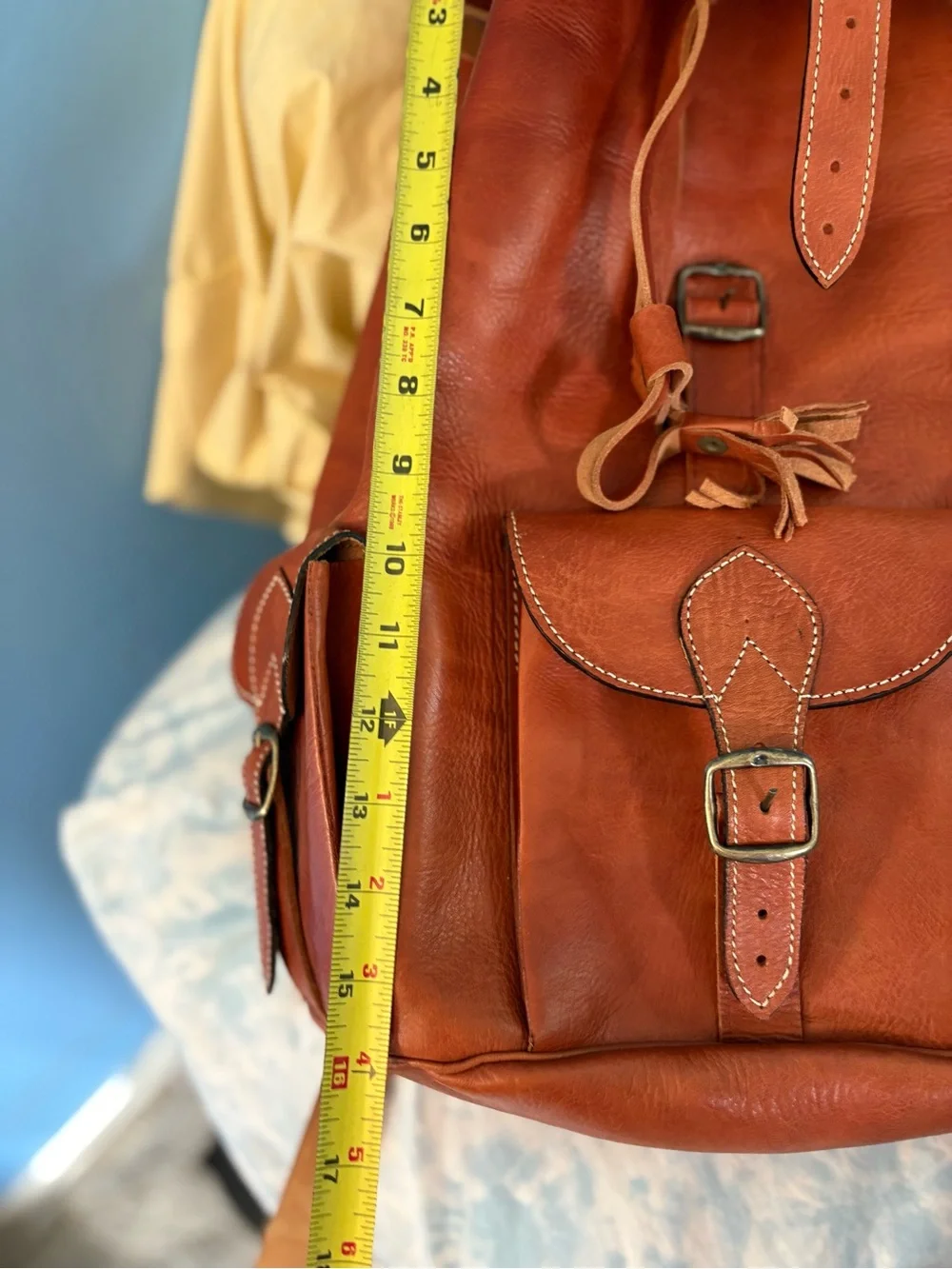 Classic Light Brown Leather Backpack with Front Flap and Buckles 15” x 12”
